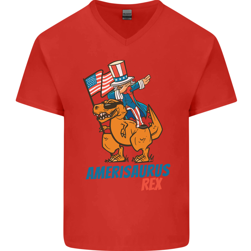 Amerisaurus T-Rex Dabbing Uncle Sam USA Mens V-Neck Cotton T-Shirt Red