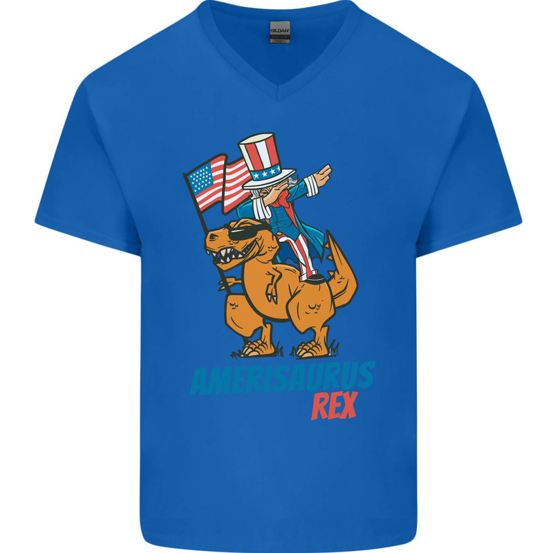 Amerisaurus T-Rex Dabbing Uncle Sam USA Mens V-Neck Cotton T-Shirt Royal Blue