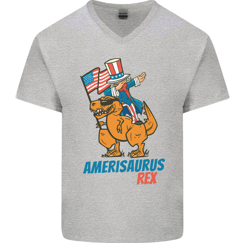 Amerisaurus T-Rex Dabbing Uncle Sam USA Mens V-Neck Cotton T-Shirt Sports Grey