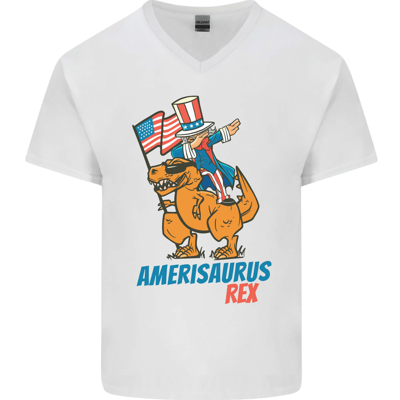 Amerisaurus T-Rex Dabbing Uncle Sam USA Mens V-Neck Cotton T-Shirt White