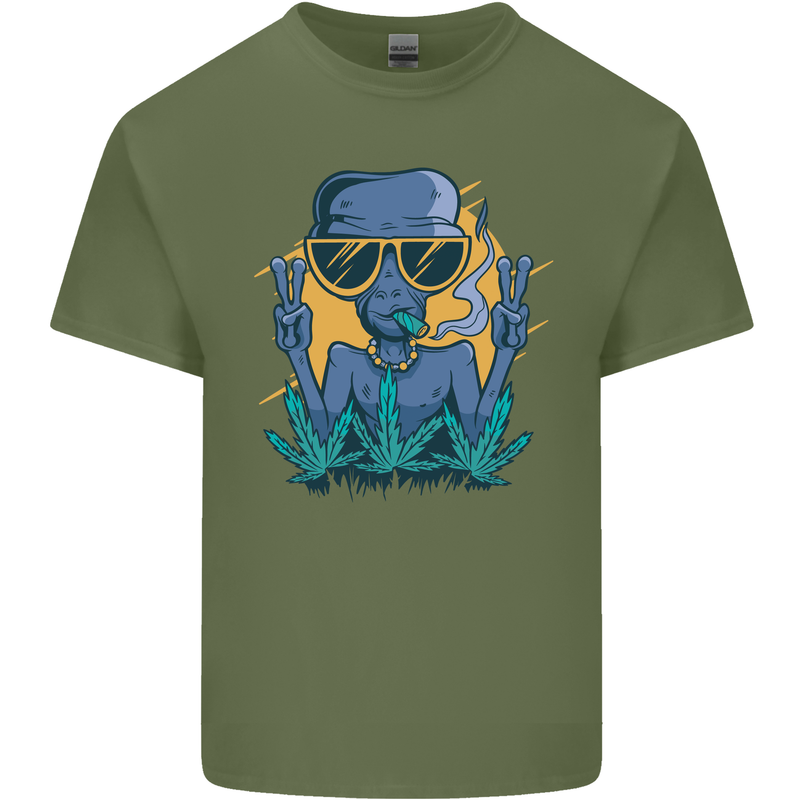 An Alien Smoking Weed Funny Drug Culture Mens Cotton T-Shirt Tee Top Military Green