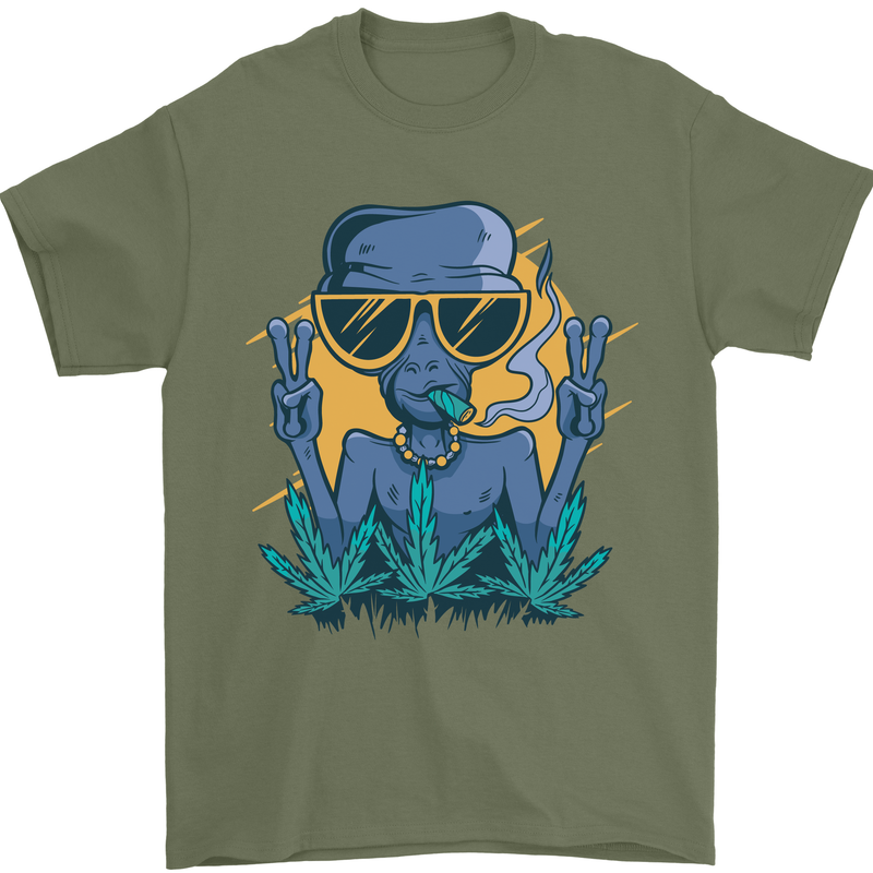 An Alien Smoking Weed Funny Drug Culture Mens T-Shirt Cotton Gildan Military Green