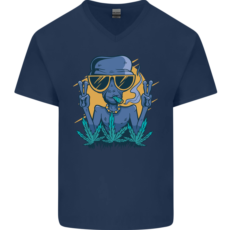 An Alien Smoking Weed Funny Drug Culture Mens V-Neck Cotton T-Shirt Navy Blue