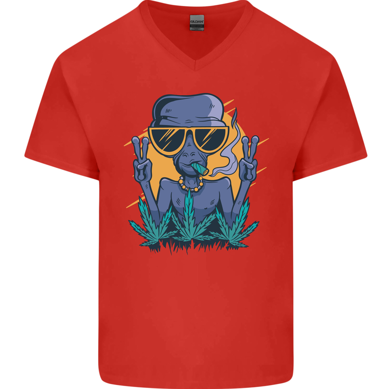 An Alien Smoking Weed Funny Drug Culture Mens V-Neck Cotton T-Shirt Red