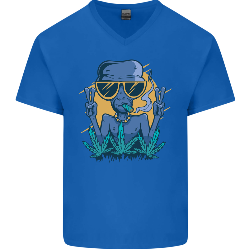 An Alien Smoking Weed Funny Drug Culture Mens V-Neck Cotton T-Shirt Royal Blue
