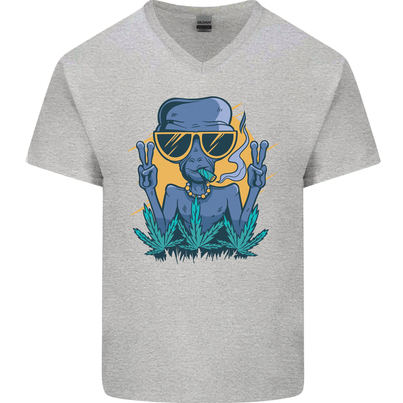 An Alien Smoking Weed Funny Drug Culture Mens V-Neck Cotton T-Shirt Sports Grey