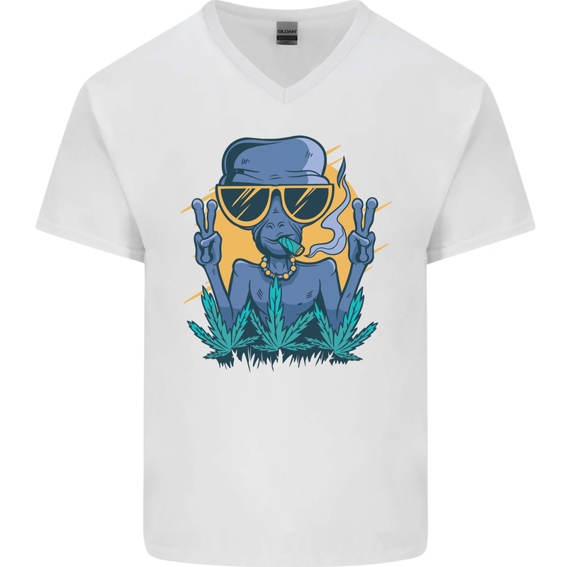 An Alien Smoking Weed Funny Drug Culture Mens V-Neck Cotton T-Shirt White