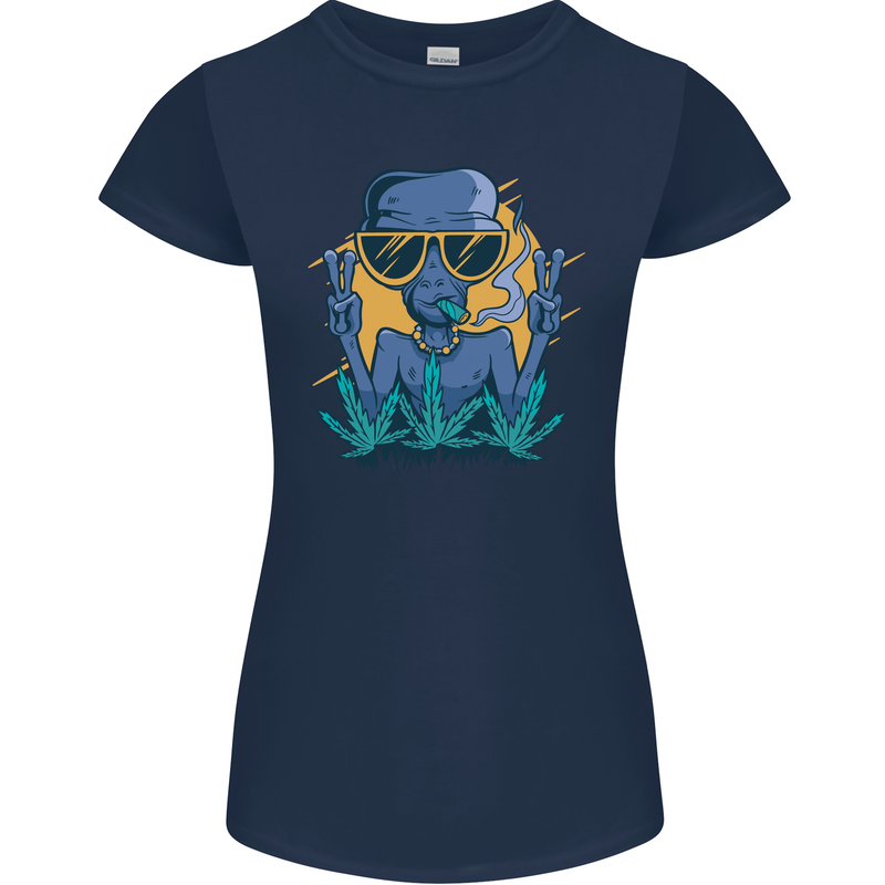 An Alien Smoking Weed Funny Drug Culture Womens Petite Cut T-Shirt Navy Blue
