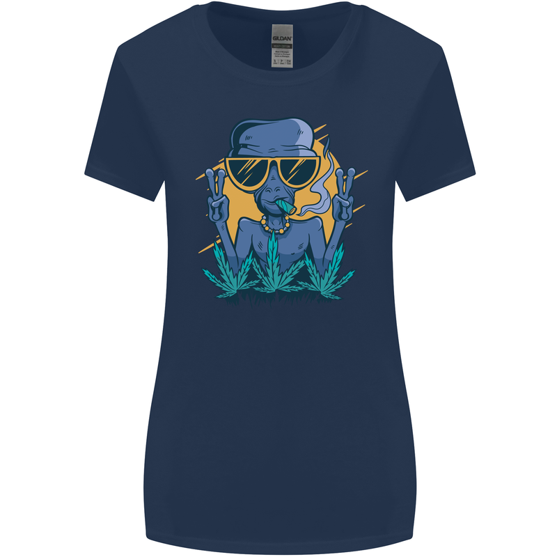 An Alien Smoking Weed Funny Drug Culture Womens Wider Cut T-Shirt Navy Blue