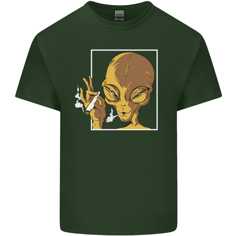 An Alien Smoking Weed Mens Cotton T-Shirt Tee Top Forest Green
