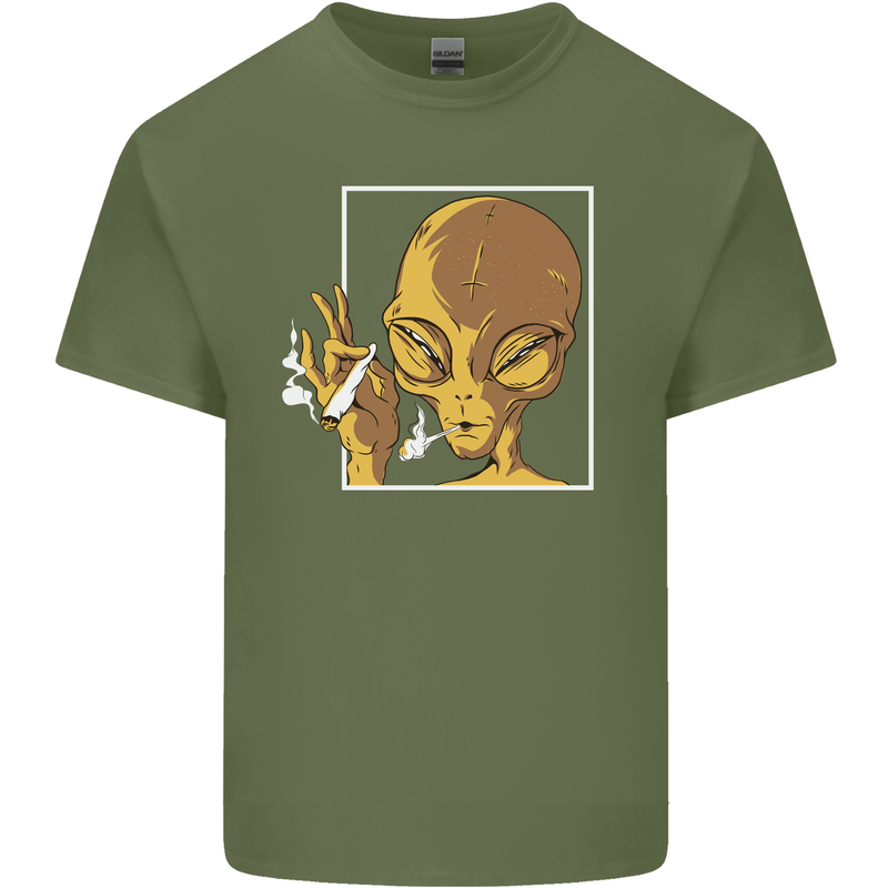An Alien Smoking Weed Mens Cotton T-Shirt Tee Top Military Green