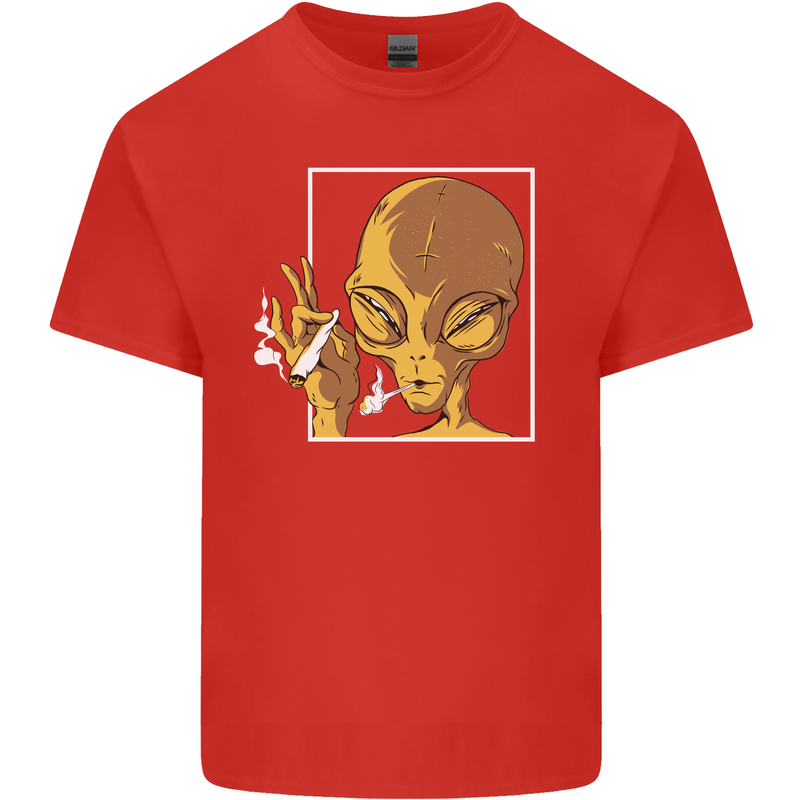 An Alien Smoking Weed Mens Cotton T-Shirt Tee Top Red