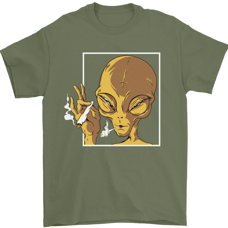 An Alien Smoking Weed Mens T-Shirt 100% Cotton Military Green