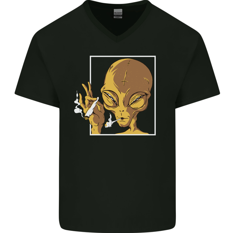 An Alien Smoking Weed Mens V-Neck Cotton T-Shirt Black