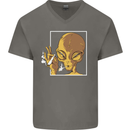 An Alien Smoking Weed Mens V-Neck Cotton T-Shirt Charcoal