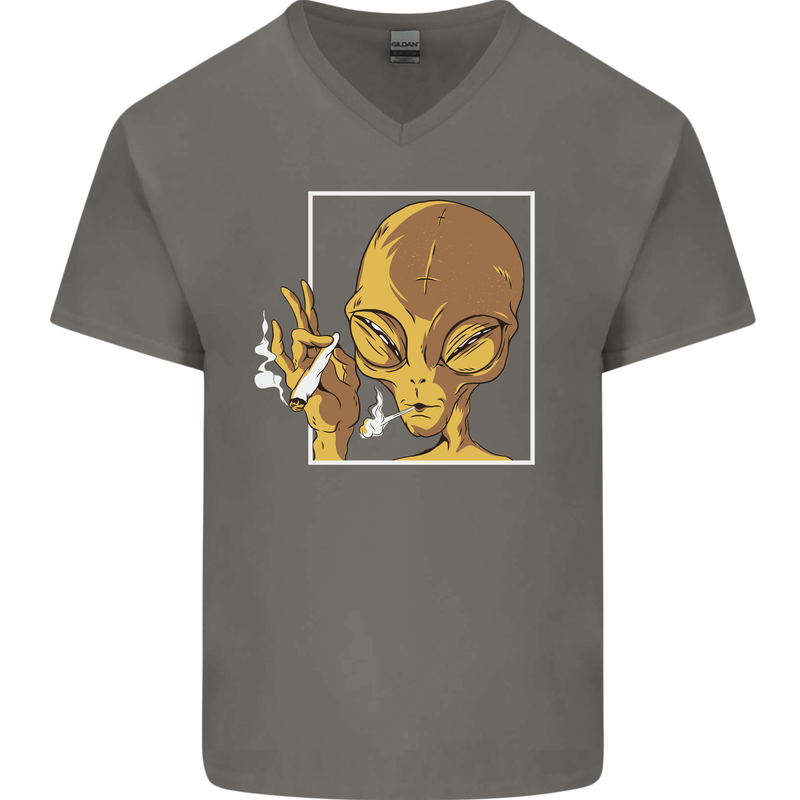 An Alien Smoking Weed Mens V-Neck Cotton T-Shirt Charcoal