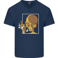 An Alien Smoking Weed Mens V-Neck Cotton T-Shirt Navy Blue