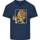 An Alien Smoking Weed Mens V-Neck Cotton T-Shirt Navy Blue