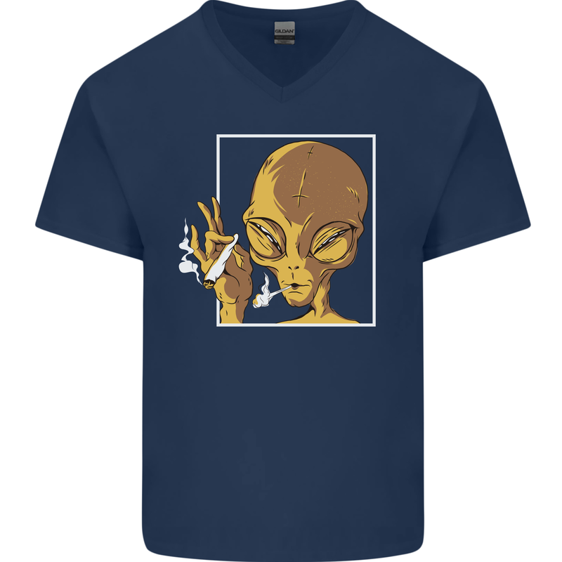 An Alien Smoking Weed Mens V-Neck Cotton T-Shirt Navy Blue