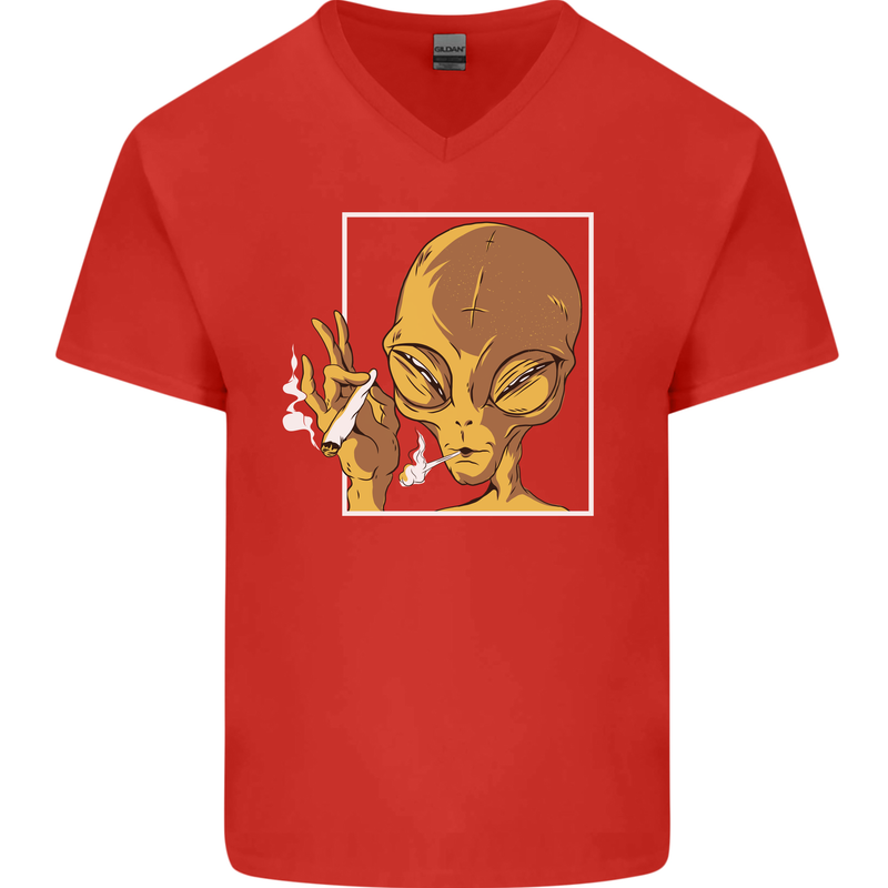 An Alien Smoking Weed Mens V-Neck Cotton T-Shirt Red