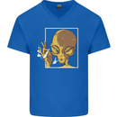 An Alien Smoking Weed Mens V-Neck Cotton T-Shirt Royal Blue