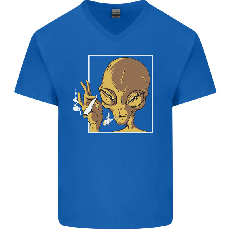 An Alien Smoking Weed Mens V-Neck Cotton T-Shirt Royal Blue