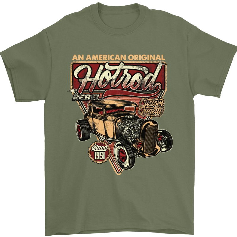 An American Original Hotrod Mens T-Shirt Cotton Gildan Military Green