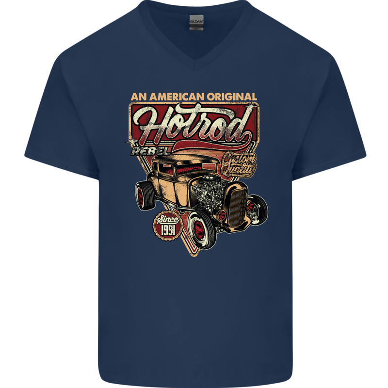 An American Original Hotrod Mens V-Neck Cotton T-Shirt Navy Blue