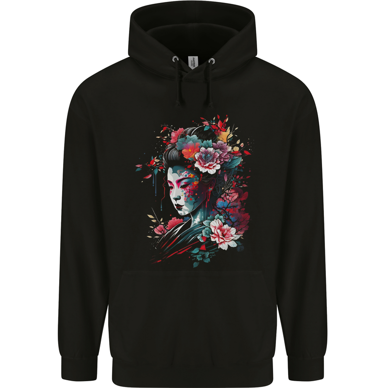 An Artistic Geisha Lady With Flowers Childrens Kids Hoodie Black