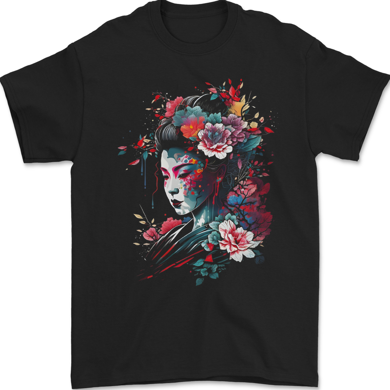 An Artistic Geisha Lady With Flowers Mens Gildan Cotton T-Shirt Black