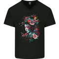 An Artistic Geisha Lady With Flowers Mens V-Neck Cotton T-Shirt Black
