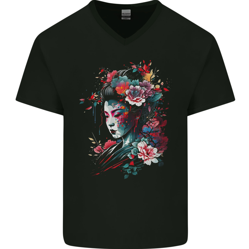 An Artistic Geisha Lady With Flowers Mens V-Neck Cotton T-Shirt Black