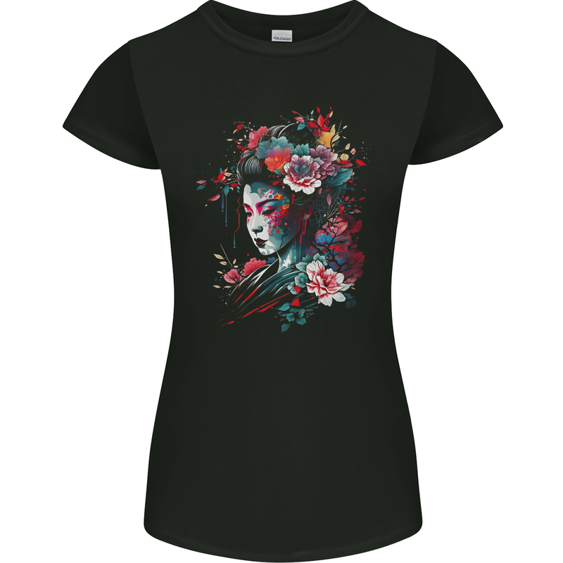 An Artistic Geisha Lady With Flowers Womens Petite Cut T-Shirt Black