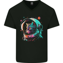 An Astronaut Cat in Outer Space Mens V-Neck Cotton T-Shirt Black