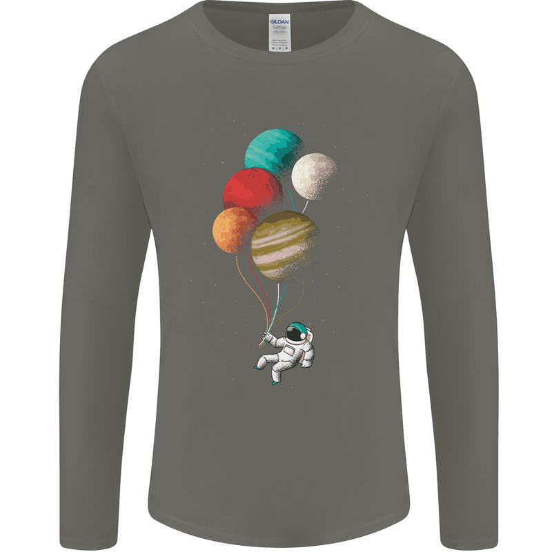 An Astronaut With Planets as Balloons Space Mens Long Sleeve T-Shirt Charcoal