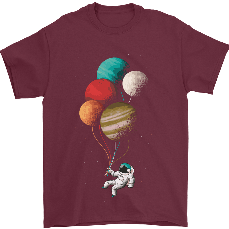 An Astronaut With Planets as Balloons Space Mens T-Shirt Cotton Gildan Maroon