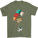 An Astronaut With Planets as Balloons Space Mens T-Shirt Cotton Gildan Military Green
