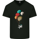 An Astronaut With Planets as Balloons Space Mens V-Neck Cotton T-Shirt Black