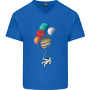 An Astronaut With Planets as Balloons Space Mens V-Neck Cotton T-Shirt Royal Blue
