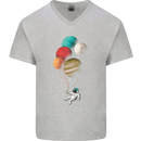 An Astronaut With Planets as Balloons Space Mens V-Neck Cotton T-Shirt Sports Grey
