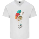 An Astronaut With Planets as Balloons Space Mens V-Neck Cotton T-Shirt White