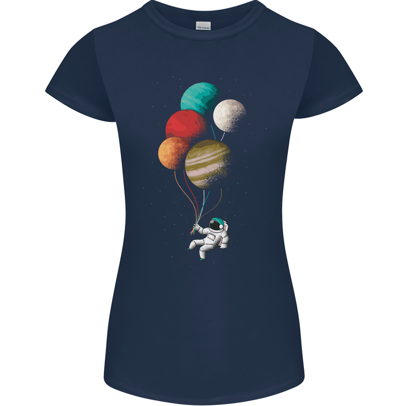 An Astronaut With Planets as Balloons Space Womens Petite Cut T-Shirt Navy Blue