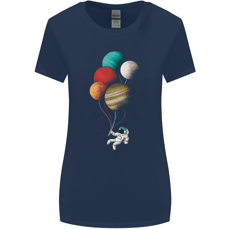 An Astronaut With Planets as Balloons Space Womens Wider Cut T-Shirt Navy Blue