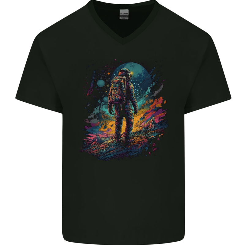 An Astronaut on an Alien Planet Spaceman Mens V-Neck Cotton T-Shirt Black