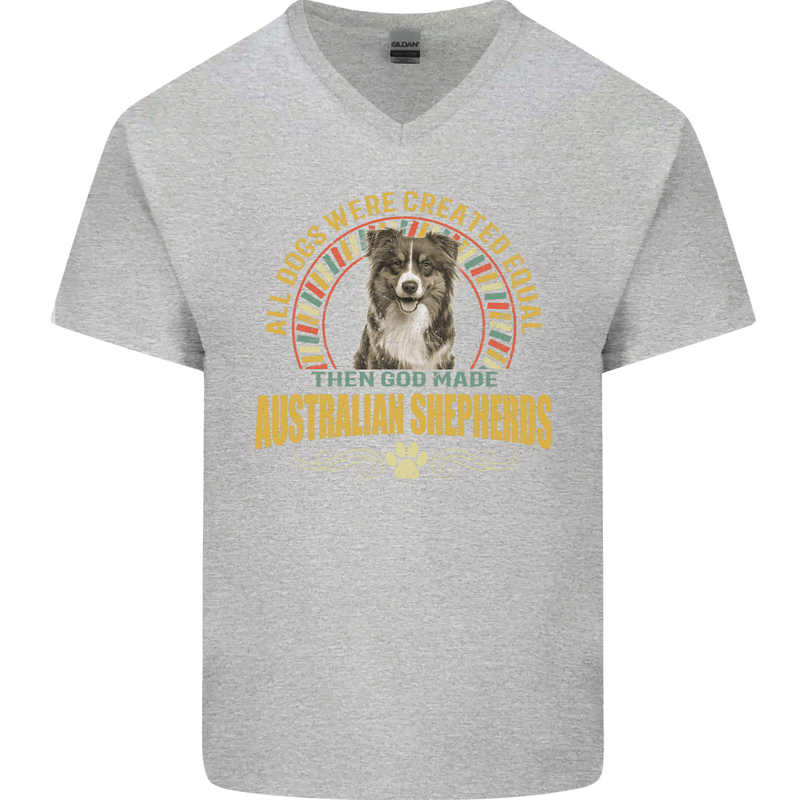 An Australian Shepherd Dog Mens V-Neck Cotton T-Shirt Sports Grey