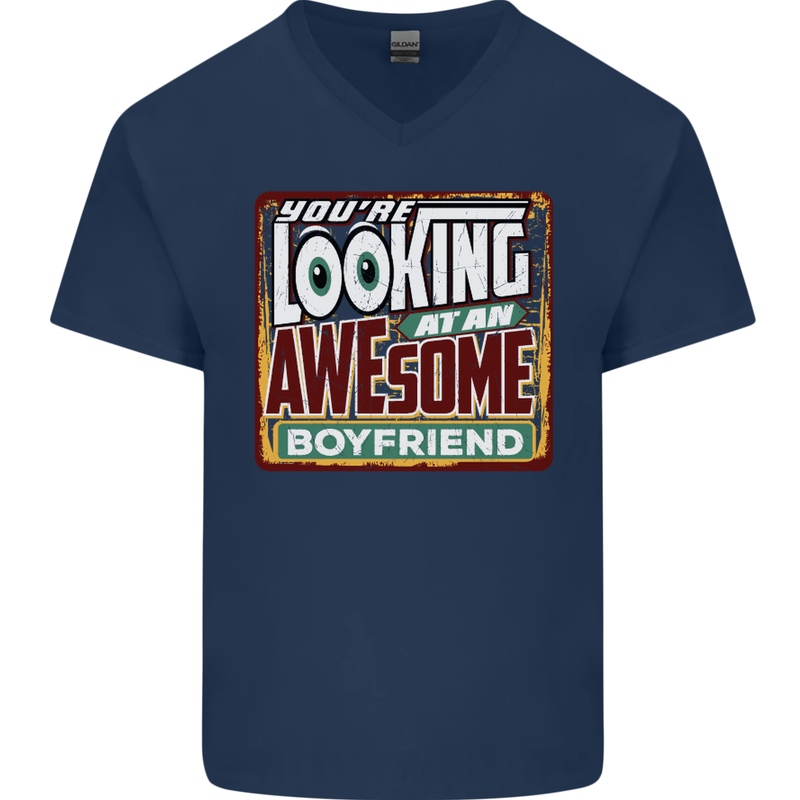 An Awesome Boyfriend Valentine's Day Mens V-Neck Cotton T-Shirt Navy Blue