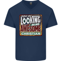 An Awesome Christian Christianity Mens V-Neck Cotton T-Shirt Navy Blue