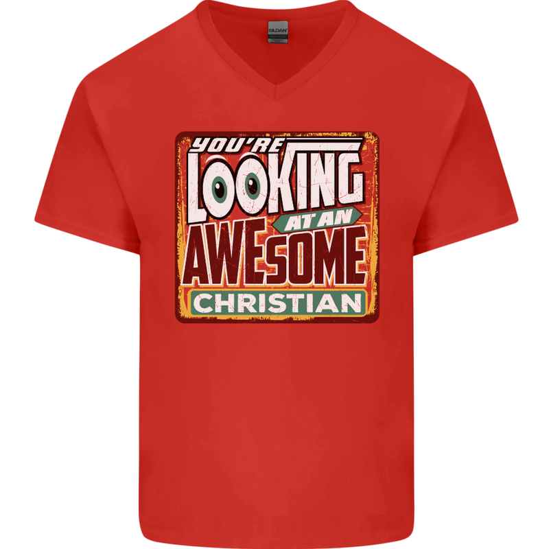 An Awesome Christian Christianity Mens V-Neck Cotton T-Shirt Red