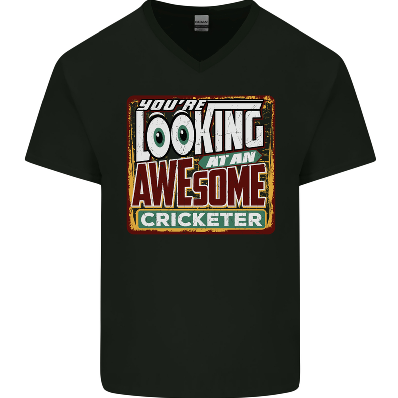 An Awesome Cricketer Mens V-Neck Cotton T-Shirt Black