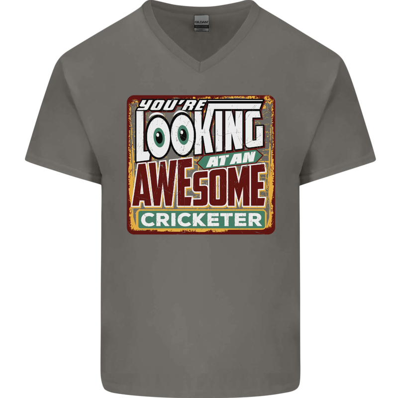 An Awesome Cricketer Mens V-Neck Cotton T-Shirt Charcoal